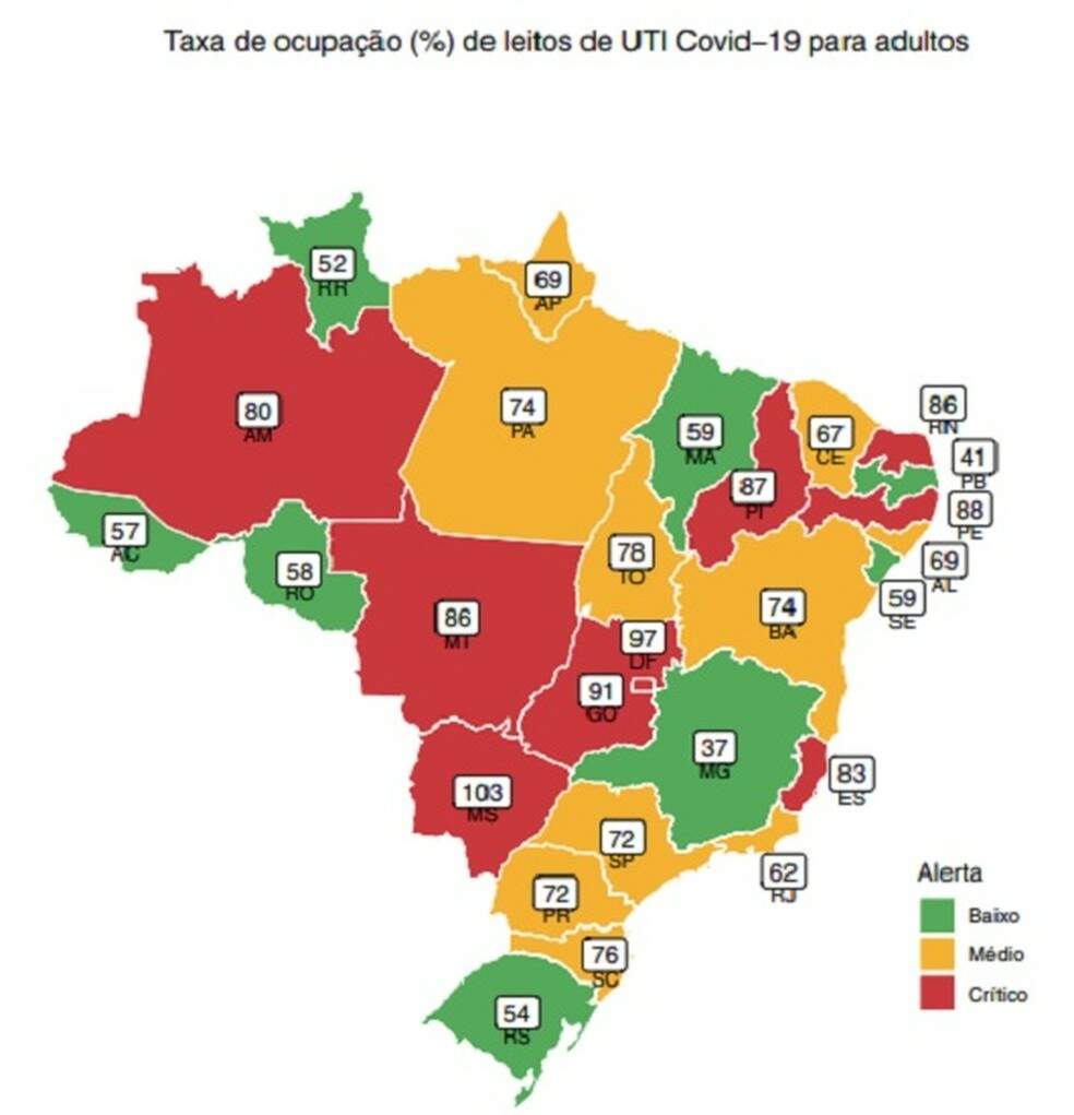 Taxa de ocupação (%) de leitos de UTI Covid-19 para adultos (boletim de 03/02/22) — Foto: Fiocruz