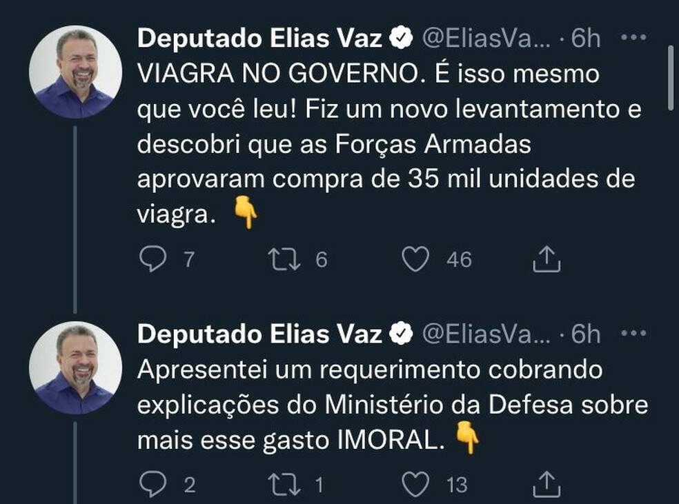 Deputado Federal Elias Vaz (PSB-GO) pede esclarecimentos do Ministério da Defesa sobre a aprovação da compra de viagra — Foto: Reprodução/ Redes sociais