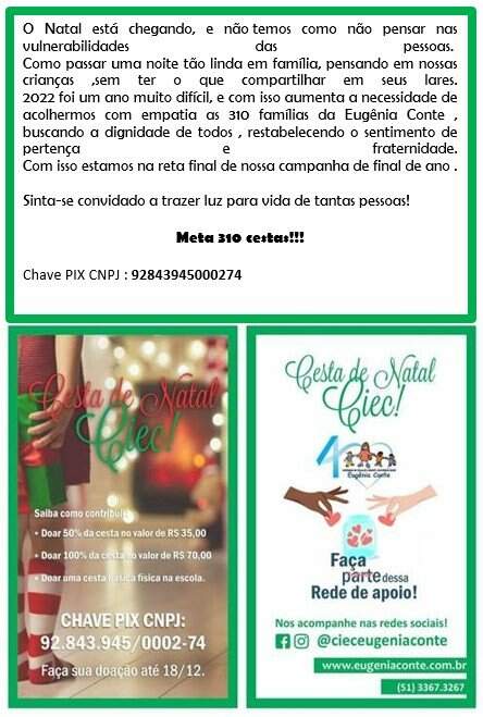 Campanha arrecada cestas de Natal para o Centro Infantil Eugênia Conte, em  Porto Alegre - TV Pampa